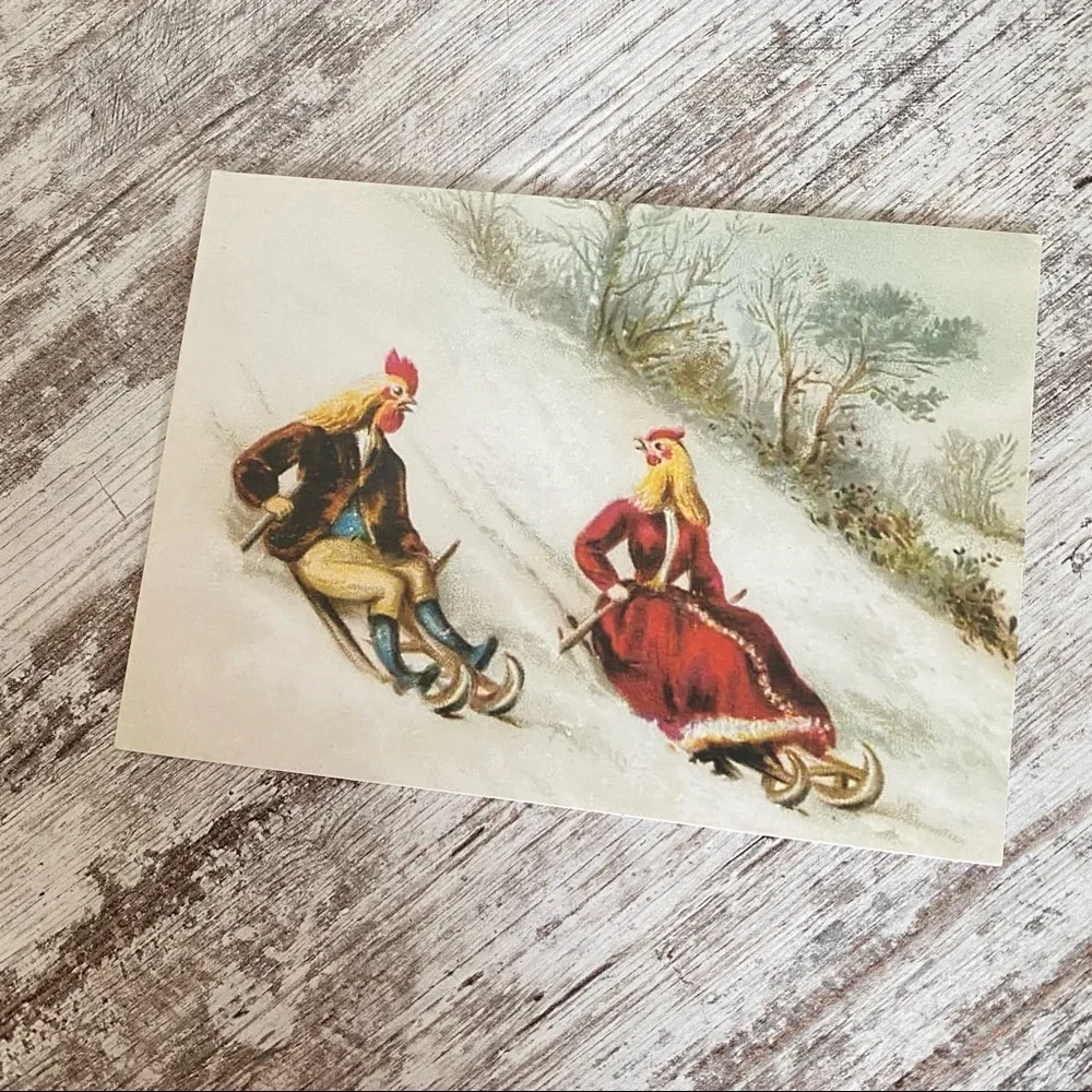 5 for $15 - 8 Victorian Vintage Christmas Cards - Chickens Sledding - Picture 2 of 3